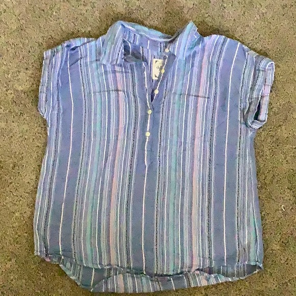 Short sleeve cotton blouse - blue multi striped - Picture 1 of 3